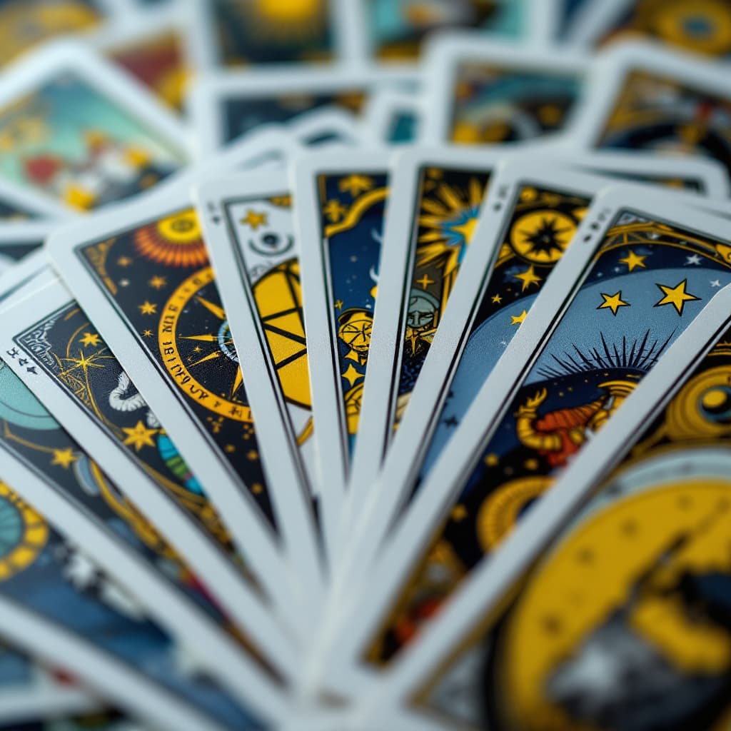 AI generated: A deck of tarot cards fanned out, featuring mystical symbols or archetypes dslr, ultra quality, shar...