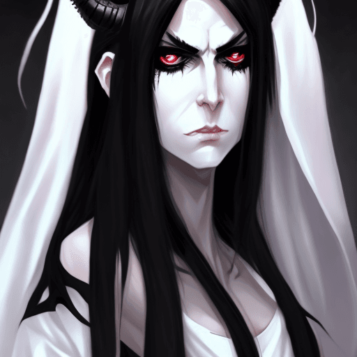 AI generated: Androgynous character, portrait, black eyes, long hair, black hair, parted hair, demon horns, white ...