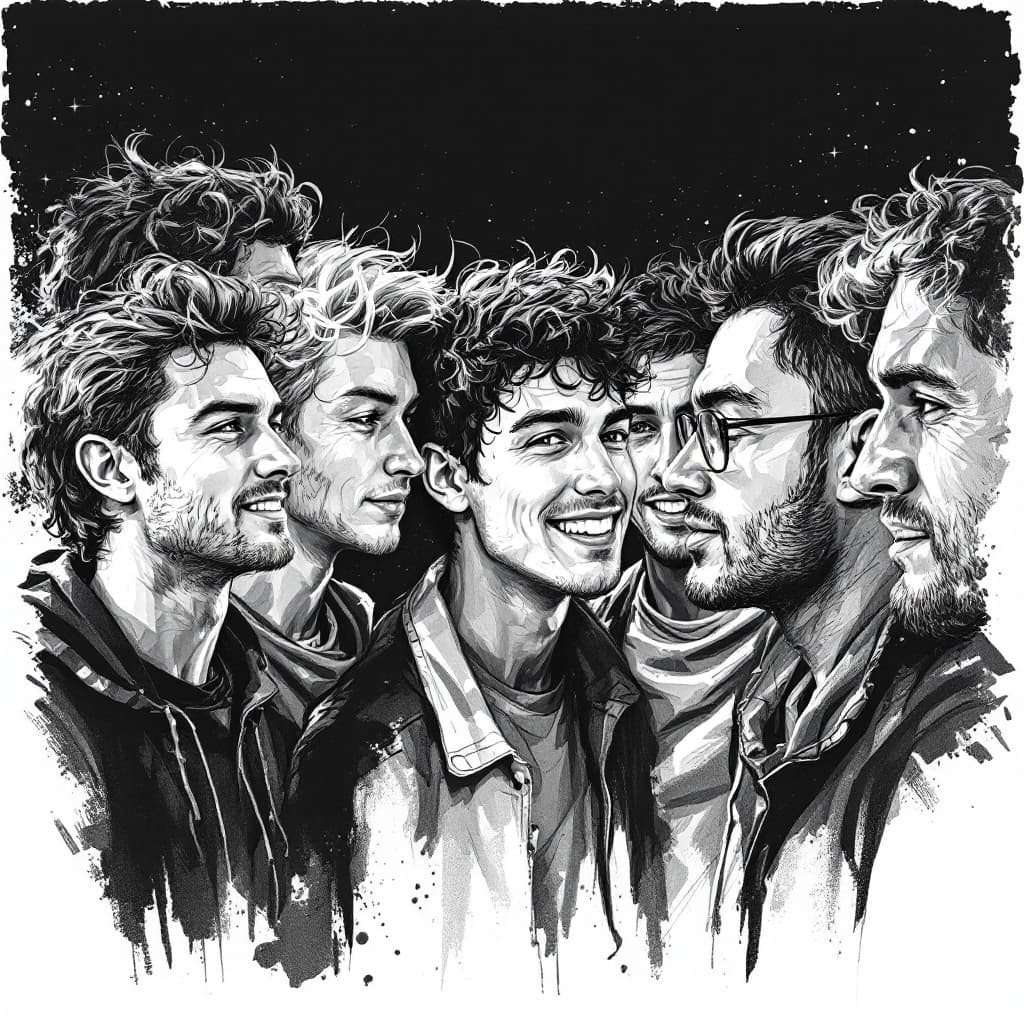 AI generated: un dibujo realista en blanco y negro de un grupo diverso de alumnos de 12 años que se presentan ante...