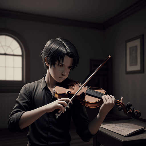 AI generated: boy playing violin in an old house, dramatic angle . octane render, trending on artstation,t symmetr...