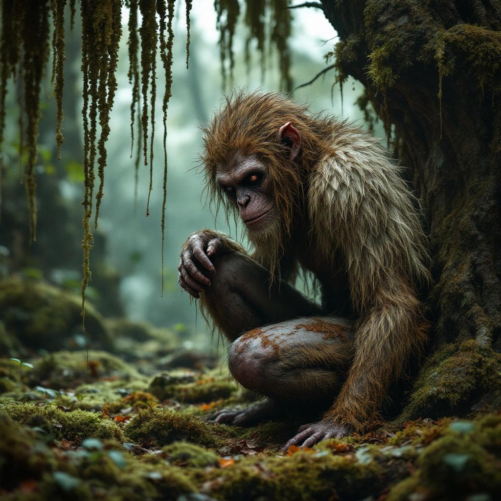 AI generated: hominid female various animal pelts covering her,  crouching on mossy ground surrounded by dripping ...