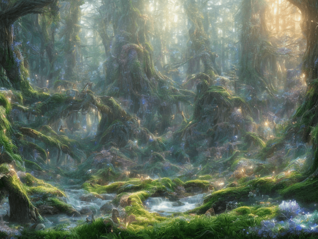 AI generated: Magical fresh fairy tale forest landscape, background with glowing lights, hyper realism, fantasy, r...