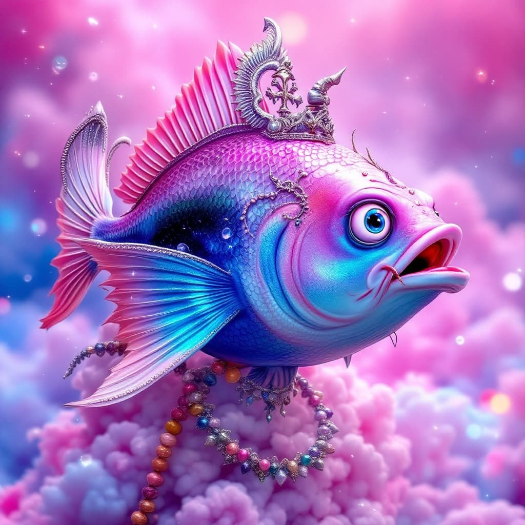AI generated: hindu mythology character matya avtar  mean vishnu in fish avtar in bright colors mostly in pink and...