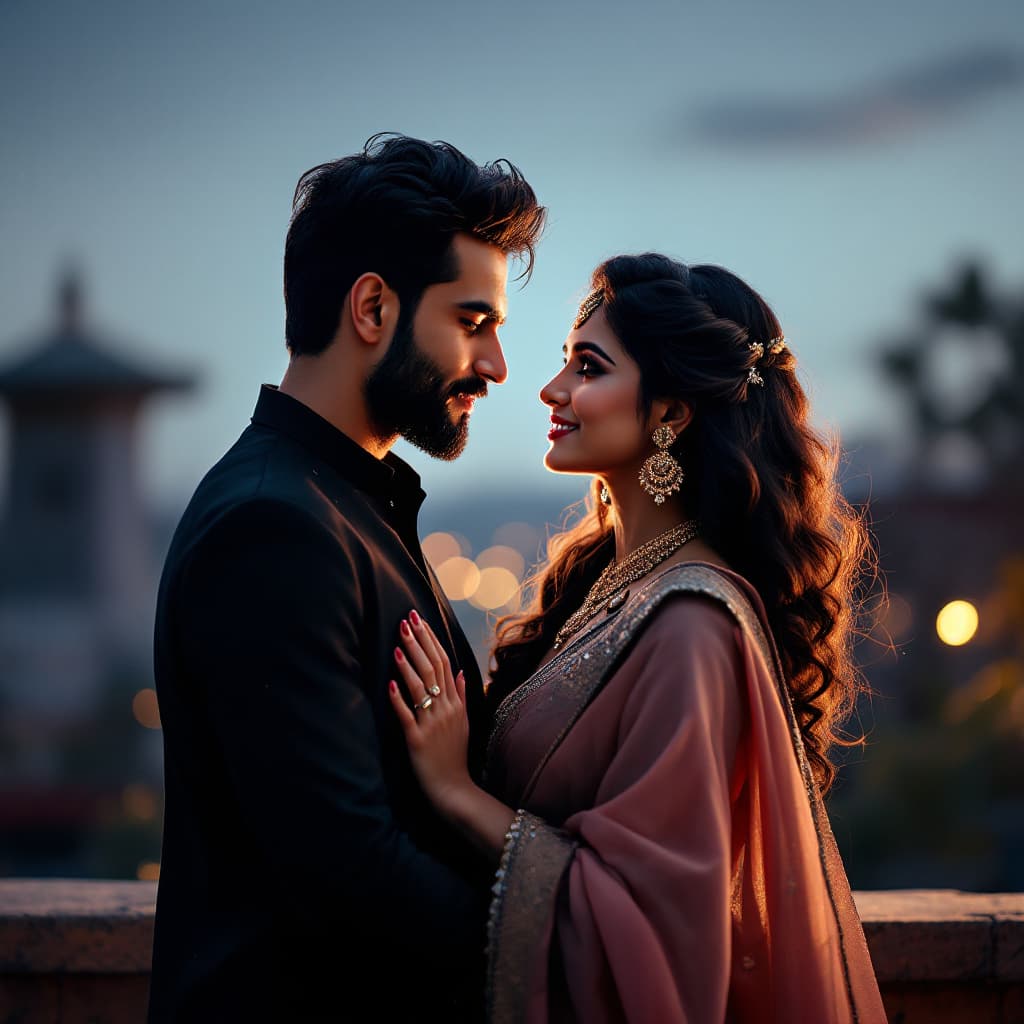 AI generated: An extraordinarily attractive Indian couple stands close, lost in each other’s eyes with a mix of lo...