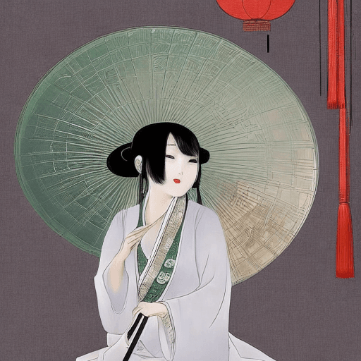 AI generated: painting of a woman dressed in traditional Chinese dress with a bamboo umbrella, in the style of rom...