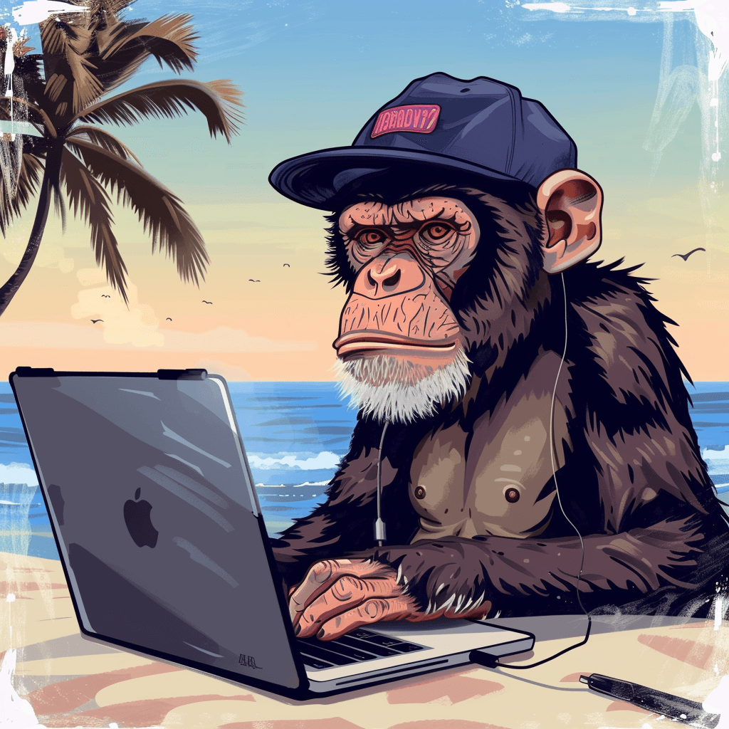AI generated: 
illustration, monkey on a laptop with a cap, on the beach, coding ai apps, vector, bright colors