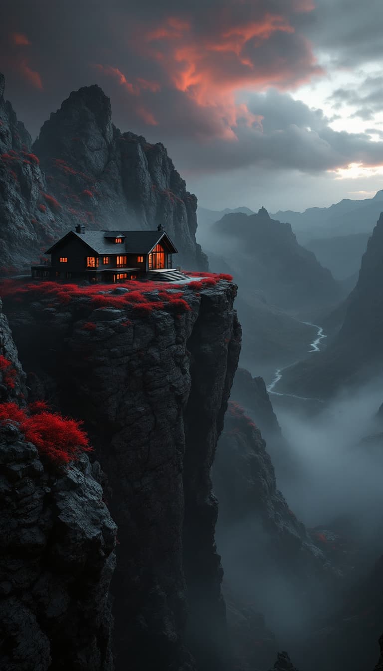 AI generated: house at the cliff top in a black and red rocky landscape, in the style of realistic and hyper-detai...