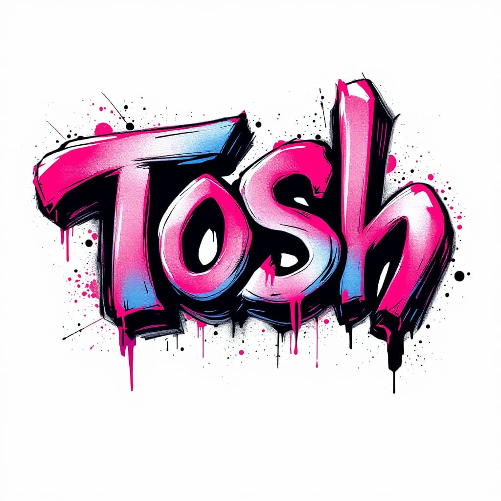 AI generated: a graffiti but cool 'Tosh', isolated on white backgorund. the letters merged and overlapped each oth...