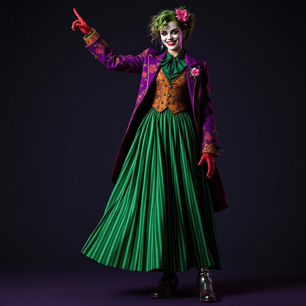 AI generated: female character, young adult, caucasian, The Joker style, playful confident pose, standing one arm ...