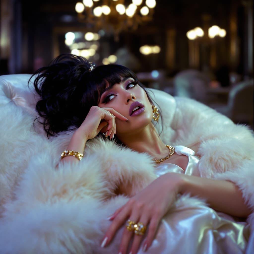 AI generated: 1990s, desperate Asian superstar wanting to be chosen in opulent white furs and opulent satin gown, ...