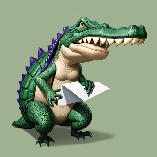 AI generated: Smiling alligator with the letter a in his hand