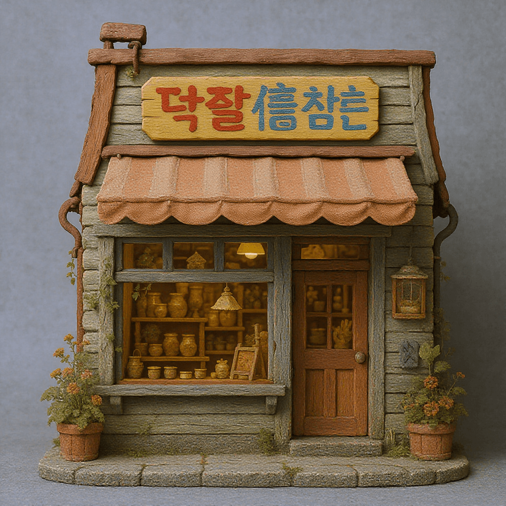 AI generated: Whimsical shop storefront with charming wooden facade, colorful painted signs, intricate window disp...