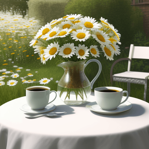 AI generated: Photo of a ultra realistic morning on the table in the garden daisies in a vase and fragrant coffee ...
