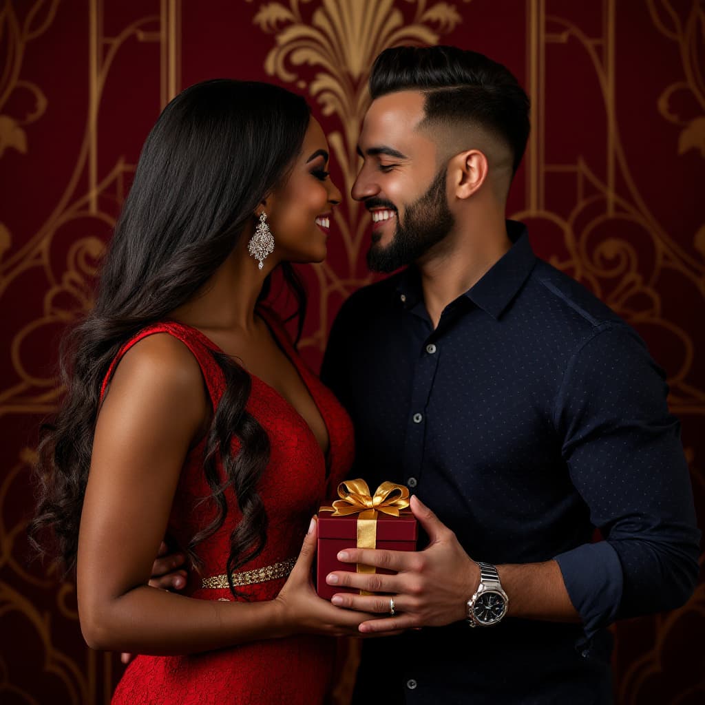 AI generated: A luxurious proposal moment captured against a deep burgundy backdrop with an elegant art deco patte...