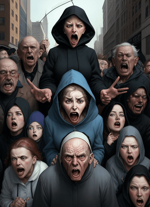 AI generated: realistic detailed image of a angry crowd screaming at a frail old woman in the middle of a busy cit...
