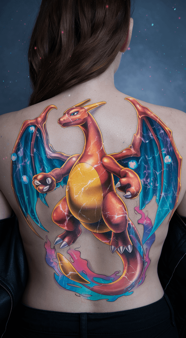 AI generated: A photo of a woman's back with a hyper-detailed, intricately detailed glossy tattoo of a colorful ma...