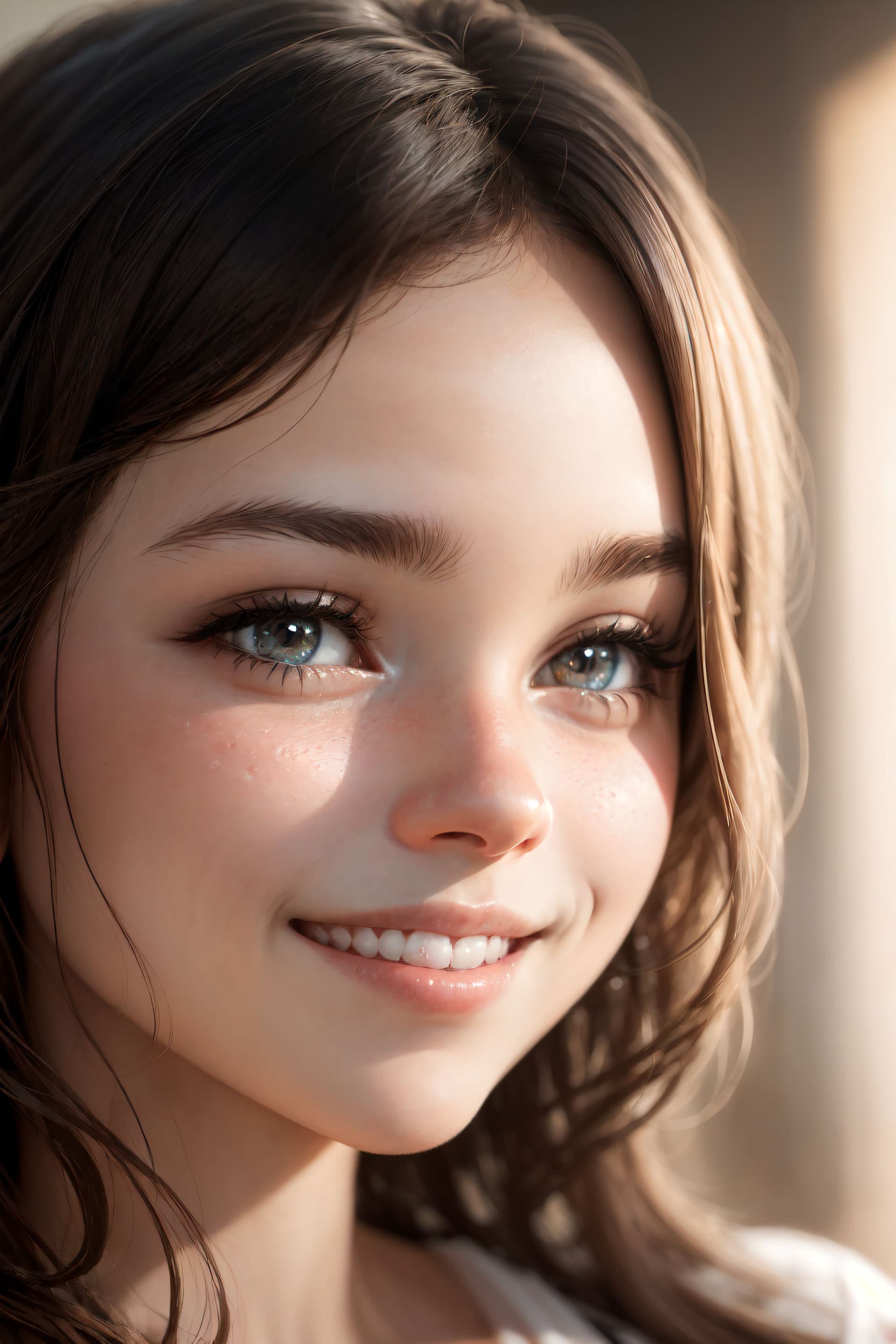 AI generated: extremely closeup of girl face, smiling, (grainy:0.8), extremely detailed, (afternoon:1.1), photorea...