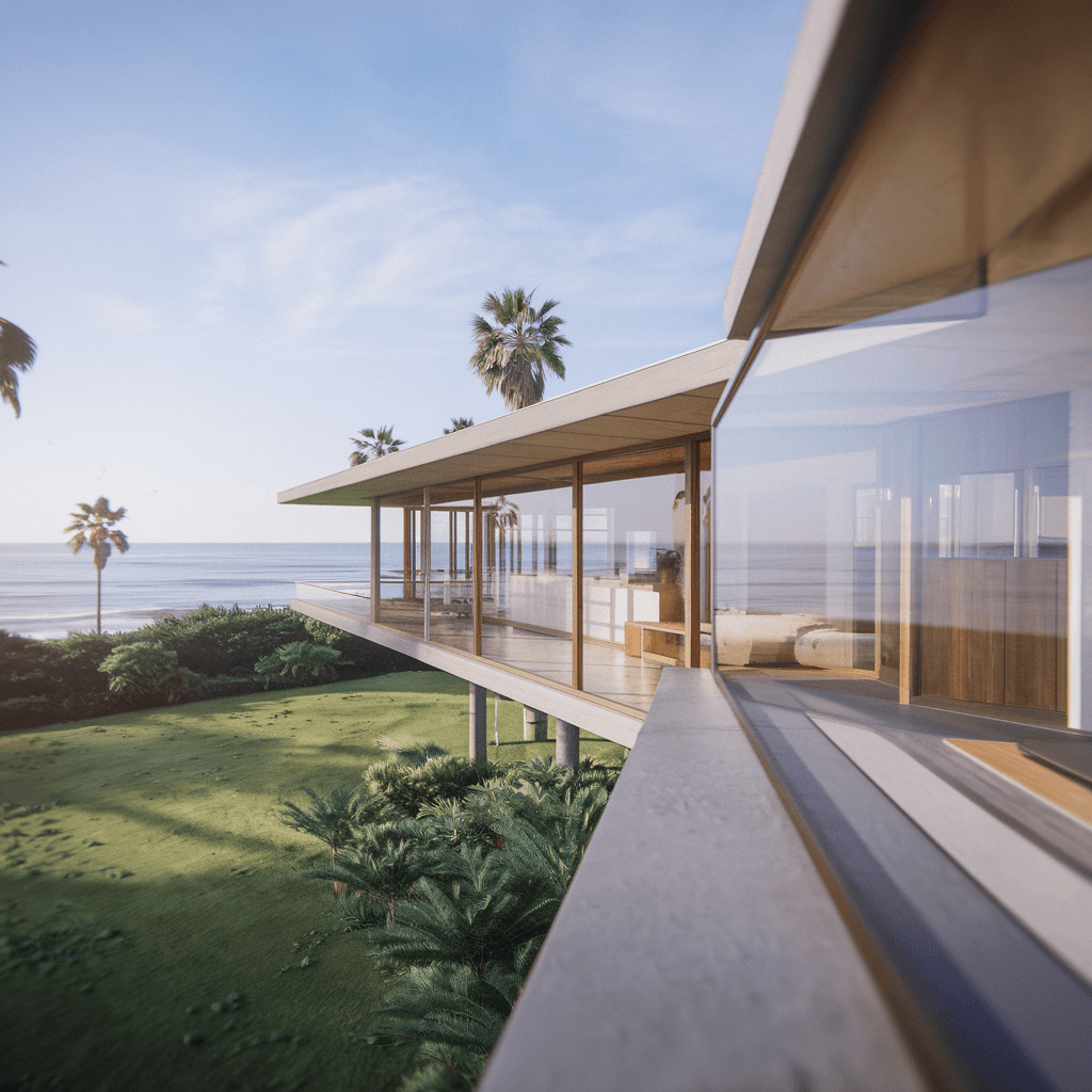 AI generated: Hyper realistic eye level exterior photo of a mid century modern style house overlooking the ocean, ...