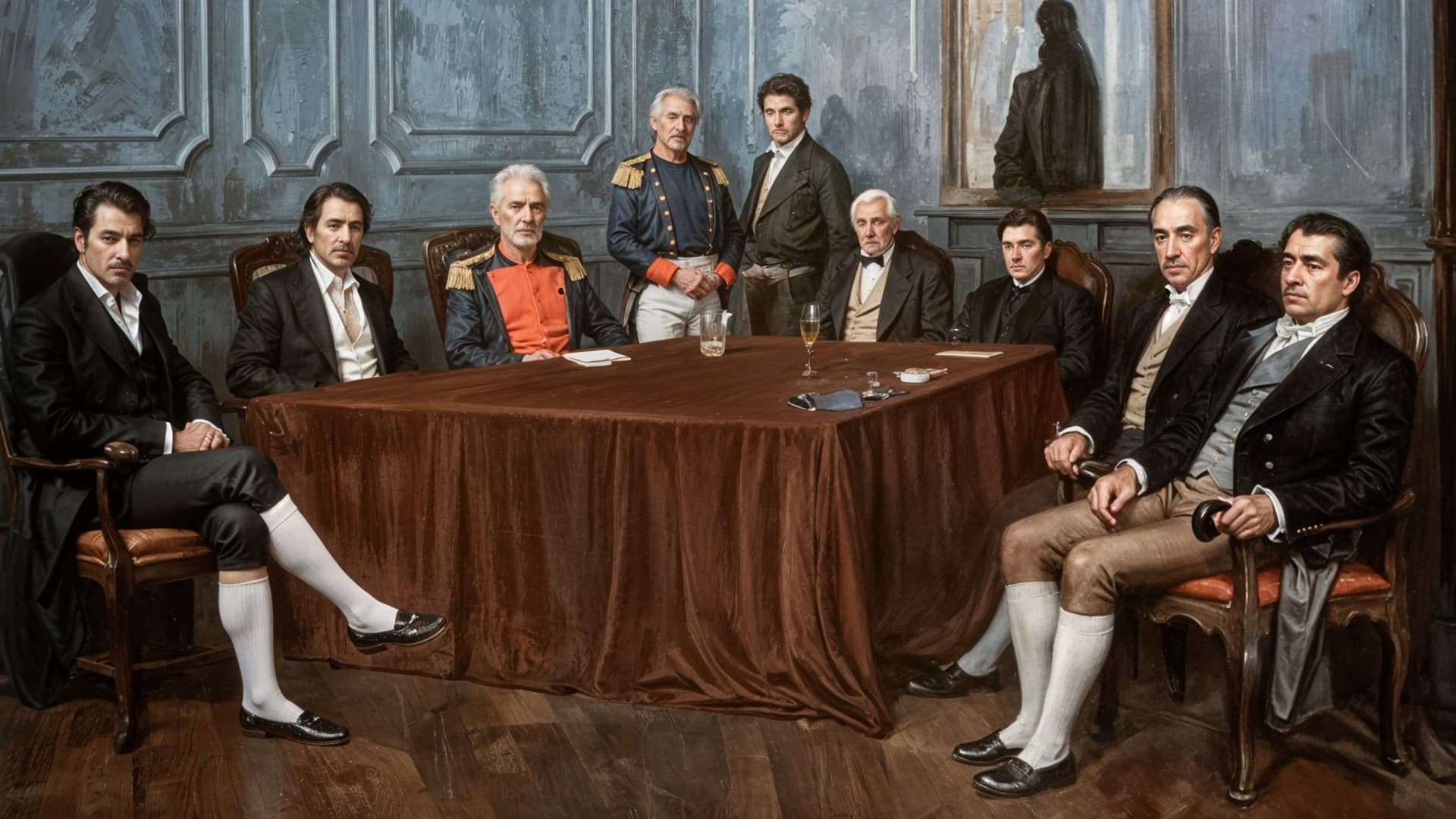 AI generated: Create a hyperrealistic digital painting of a solemn historical meeting depicting eight men seated a...