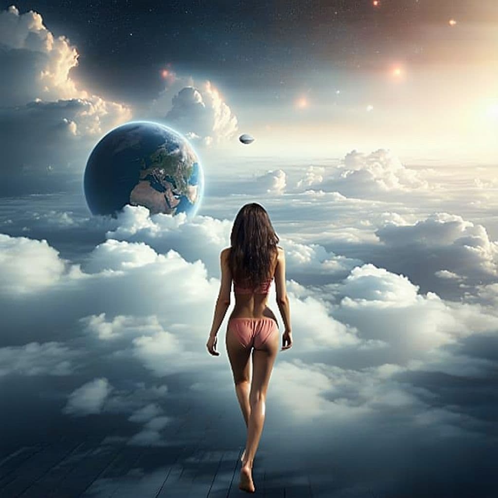 AI generated: A woman looks around, bewildered, then walks barefoot toward the camera.
The clouds are moving, and...