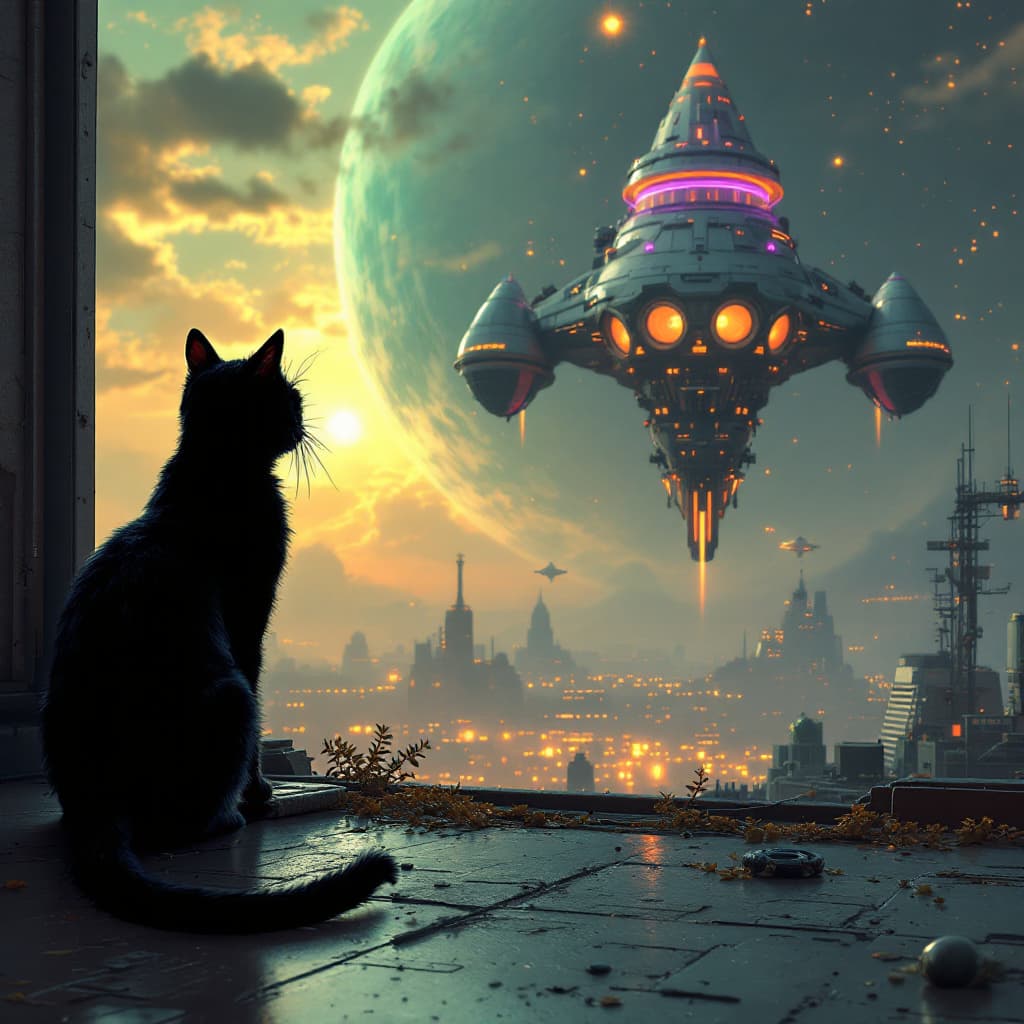 AI generated: Black cat is on the roof of the future floor, looking at a spaceship