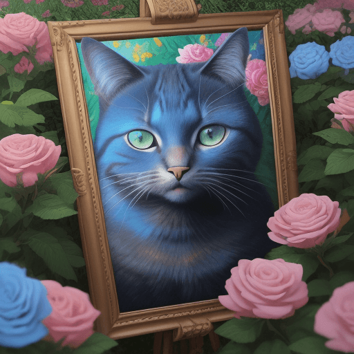 AI generated: Una pintura de un gato con ojos azules sentado en un jardín de rosas, gato detallado, Arte detallado...