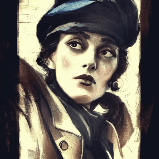 AI generated: Concept art of a beautiful female industrial 1900s gangster   in the style of Ashley Wood ,Keira Kni...
