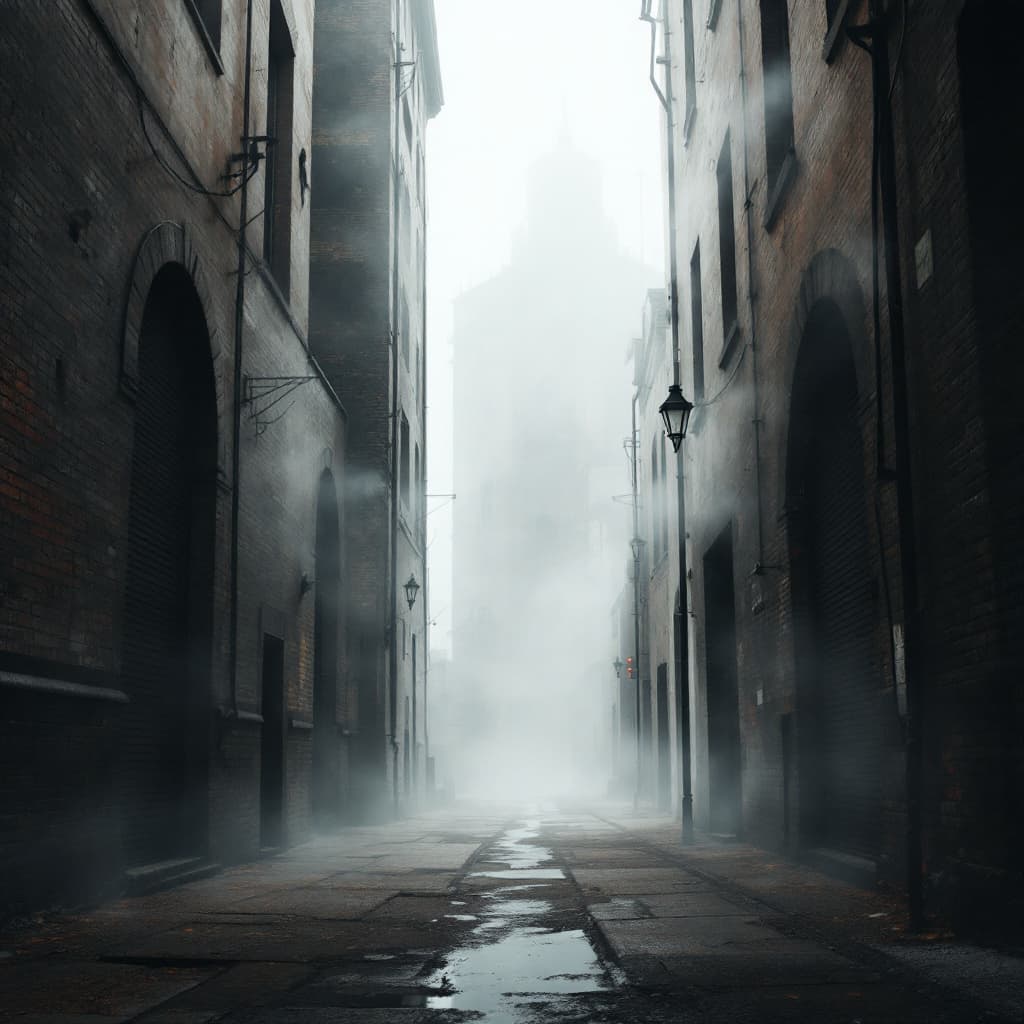 AI generated: A quiet, narrow alleyway between two towering buildings, with mist swirling around and no clear exit...