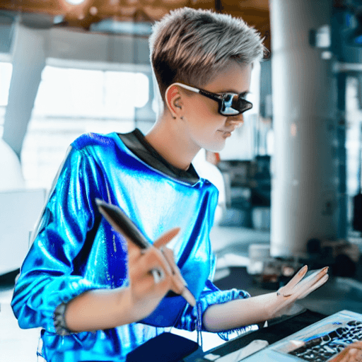 AI generated: A lovely tech-savvy girl with short, pixie-cut silver hair and bright blue eyes, dressed in a casual...