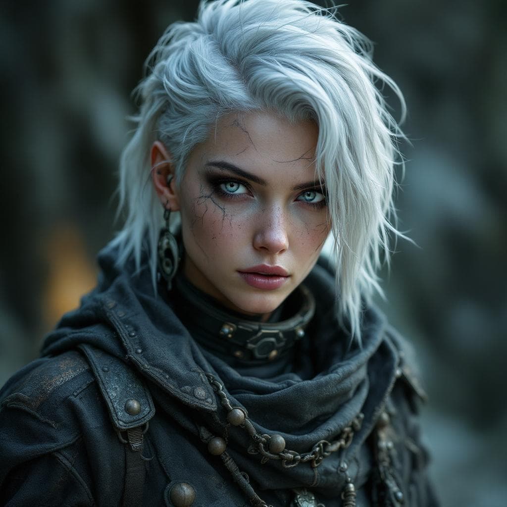 AI generated: Portrait of a futuristic rugged female rebel wearing clothes showing body, platinum hair, grey eyes,...