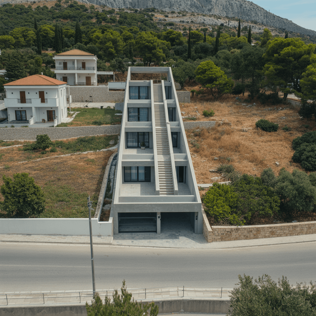 AI generated: A two floor hotel, semi underground, elongated towards the mountain and vertical relatively to the r...