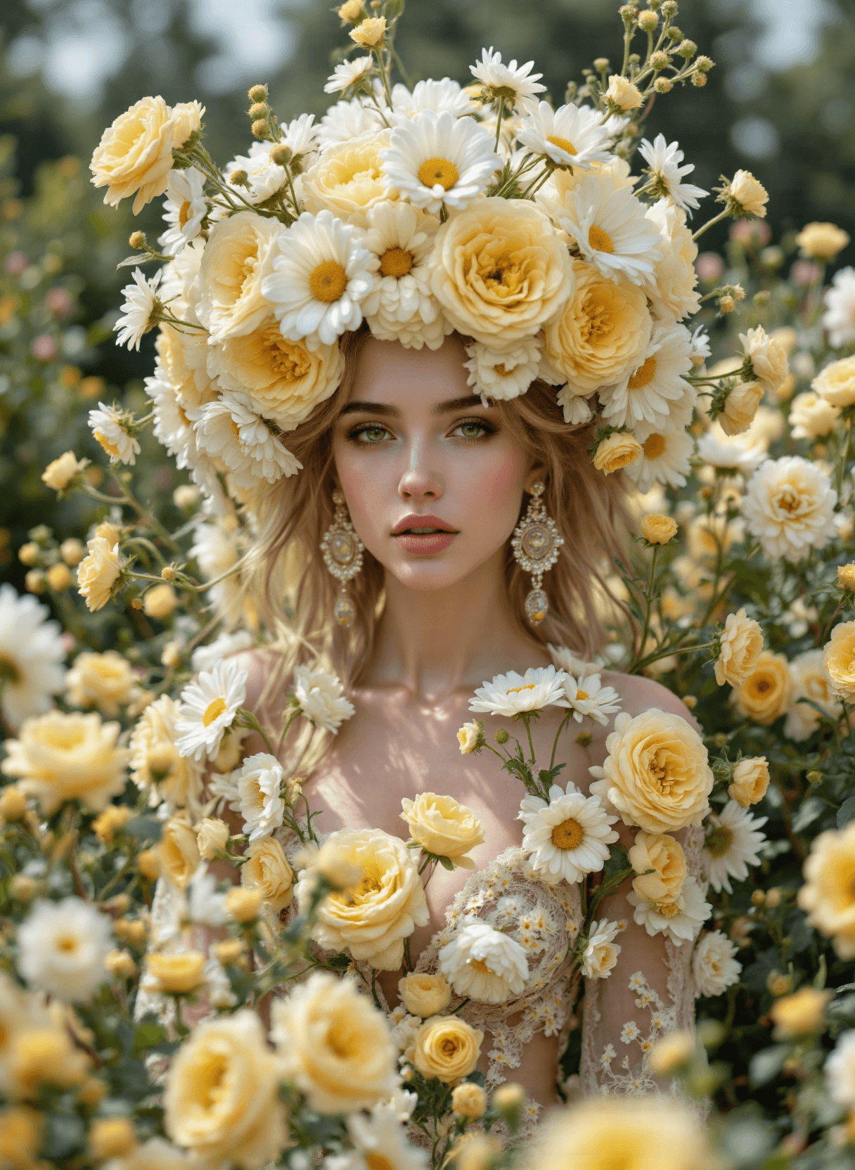 AI generated: The image depicts a woman adorned in a striking and elaborate floral ensemble. The woman is surround...