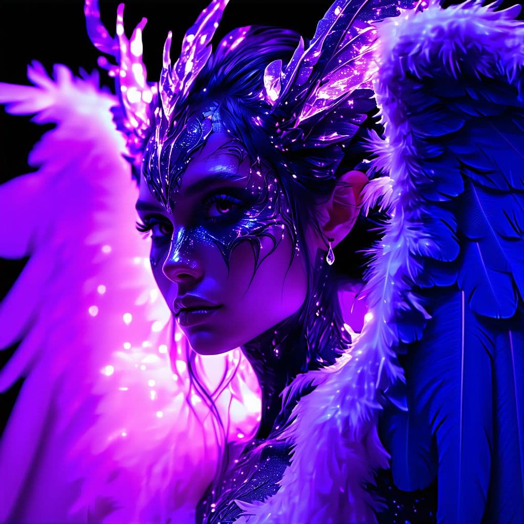 AI generated: black light poster of a intricate portrait of An amazing mythical female angel creature, barefoot, f...