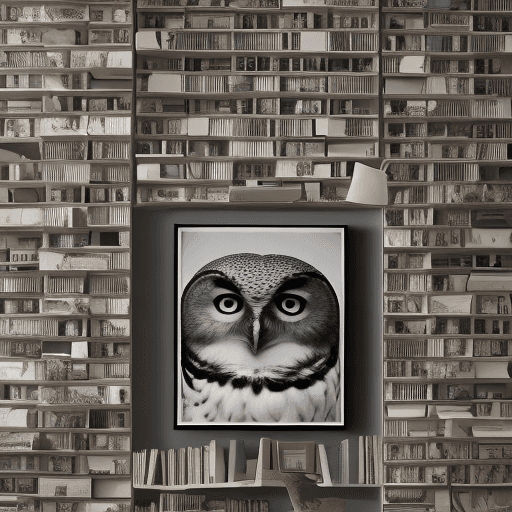 AI generated: Hyper realistic eye level exterior photo of a mid century modern style owl overlooking a wall of pho...