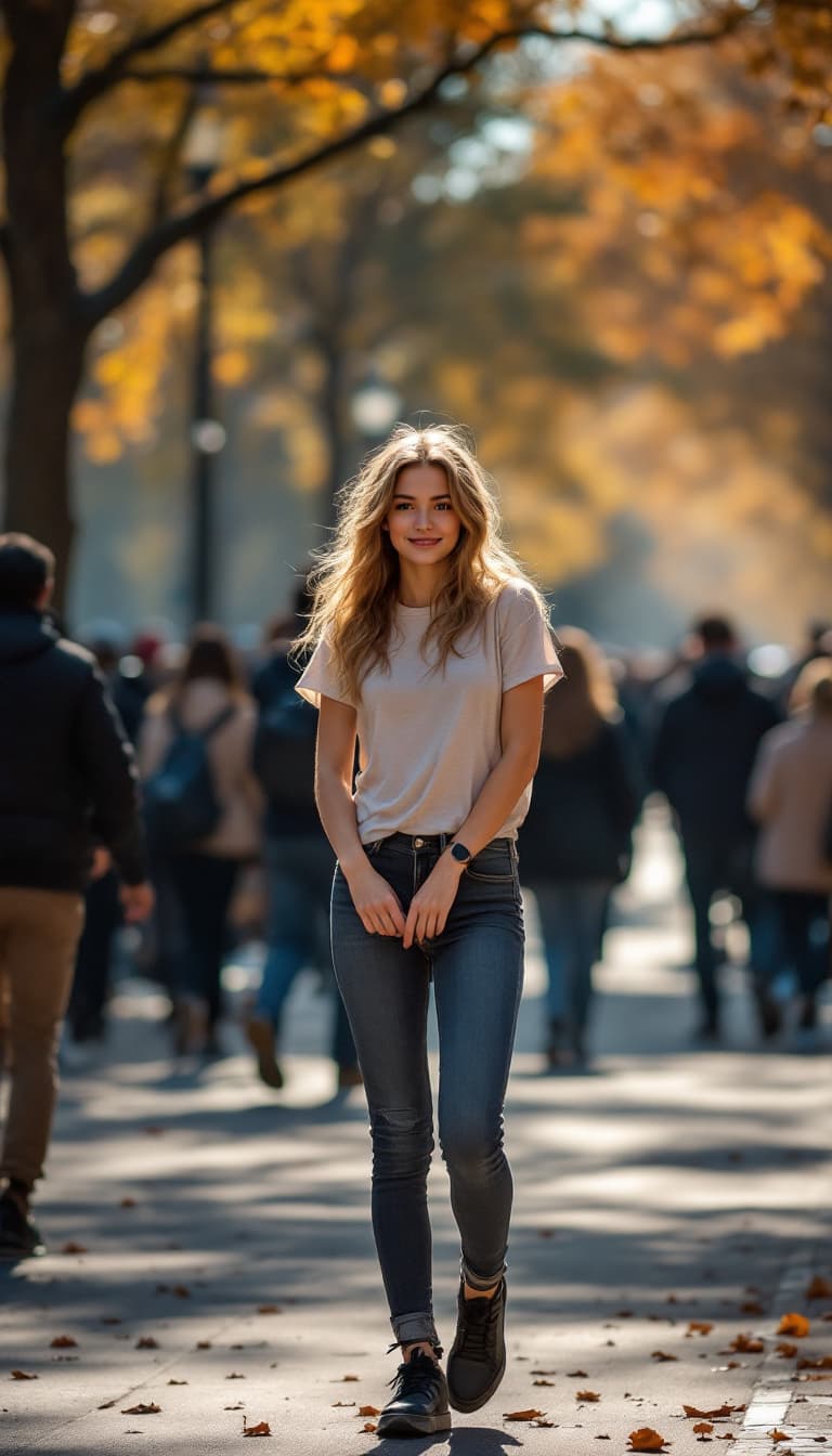 AI generated: photography, snap shot, distance range, cute russian girl model, full-body, skiny t-shirt, skinny je...