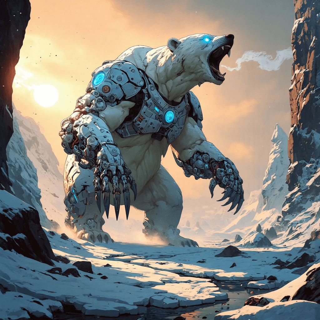AI generated: A towering 6-meter-tall battle polar bear stands on its massive hind legs, roaring ferociously into ...
