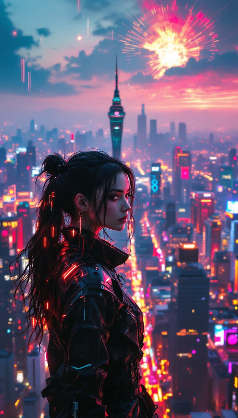 AI generated: A visually stunning photo of a female cyberpunk, with the panoramic Seoul cityscape in the backgroun...