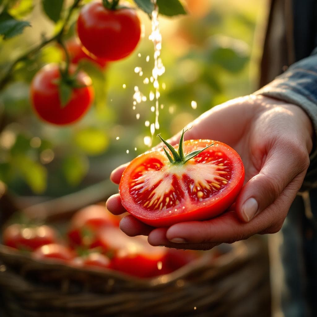 AI generated: Create a high-resolution, cinematic promotional video of fresh, juicy red tomatoes in a farmer’s han...