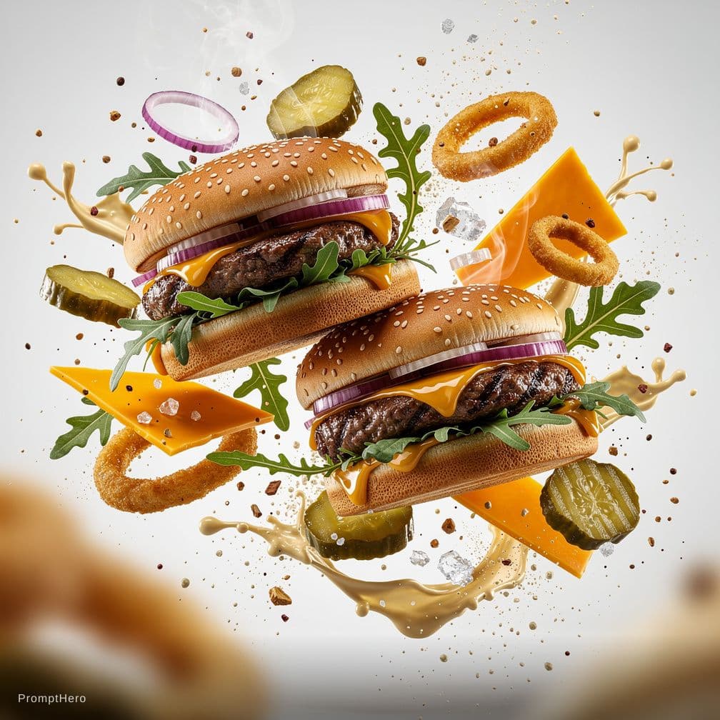 AI generated: Flying food photography featuring two gourmet burgers as the main subject.
Dynamic composition with ...
