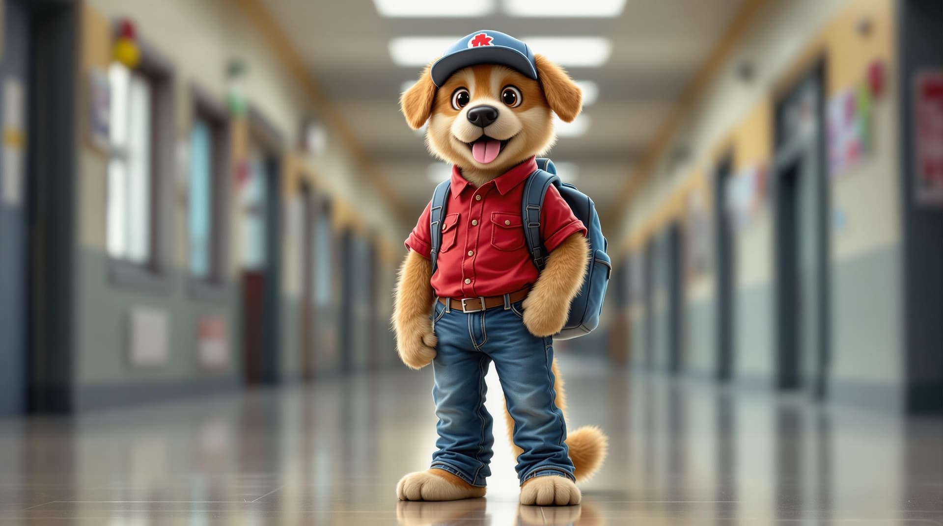 AI generated: A cute dog standing like a person, dressed in a red shirt, jeans, a backpack and hat, ready to go to...