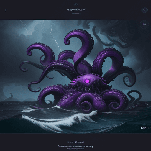 AI generated: UI UX interface design with a purple kraken in a dark, moody wild ocean storm, beautiful colorful cr...
