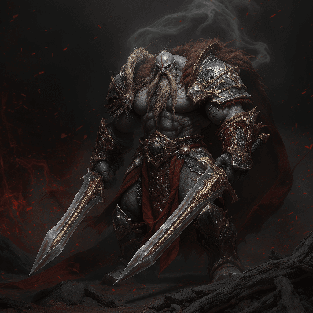 AI generated: the world of warcraft image of a large viking character with swords, in the style of dark bronze and...