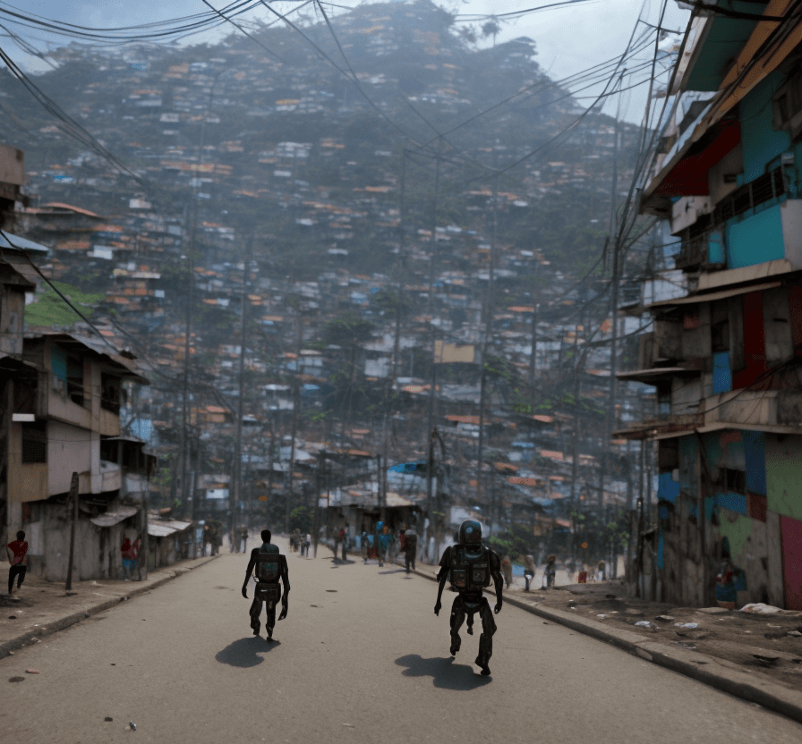 AI generated: a mech is walking toward camera in a favela. terrified people are running while fleeing. realistic v...