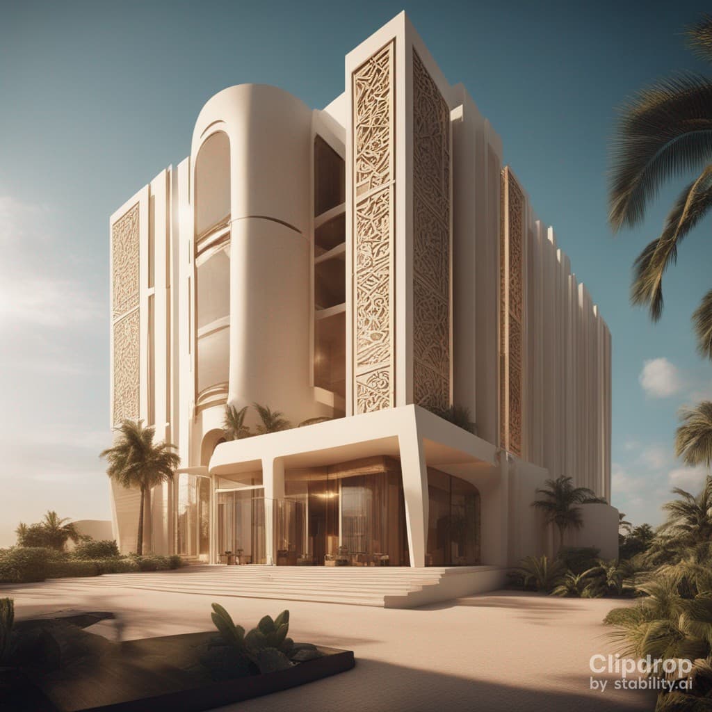 AI generated: Stylish whole modern building design in hieroglyphics patterns:: ultra modern::1 tropical::1.6 techn...