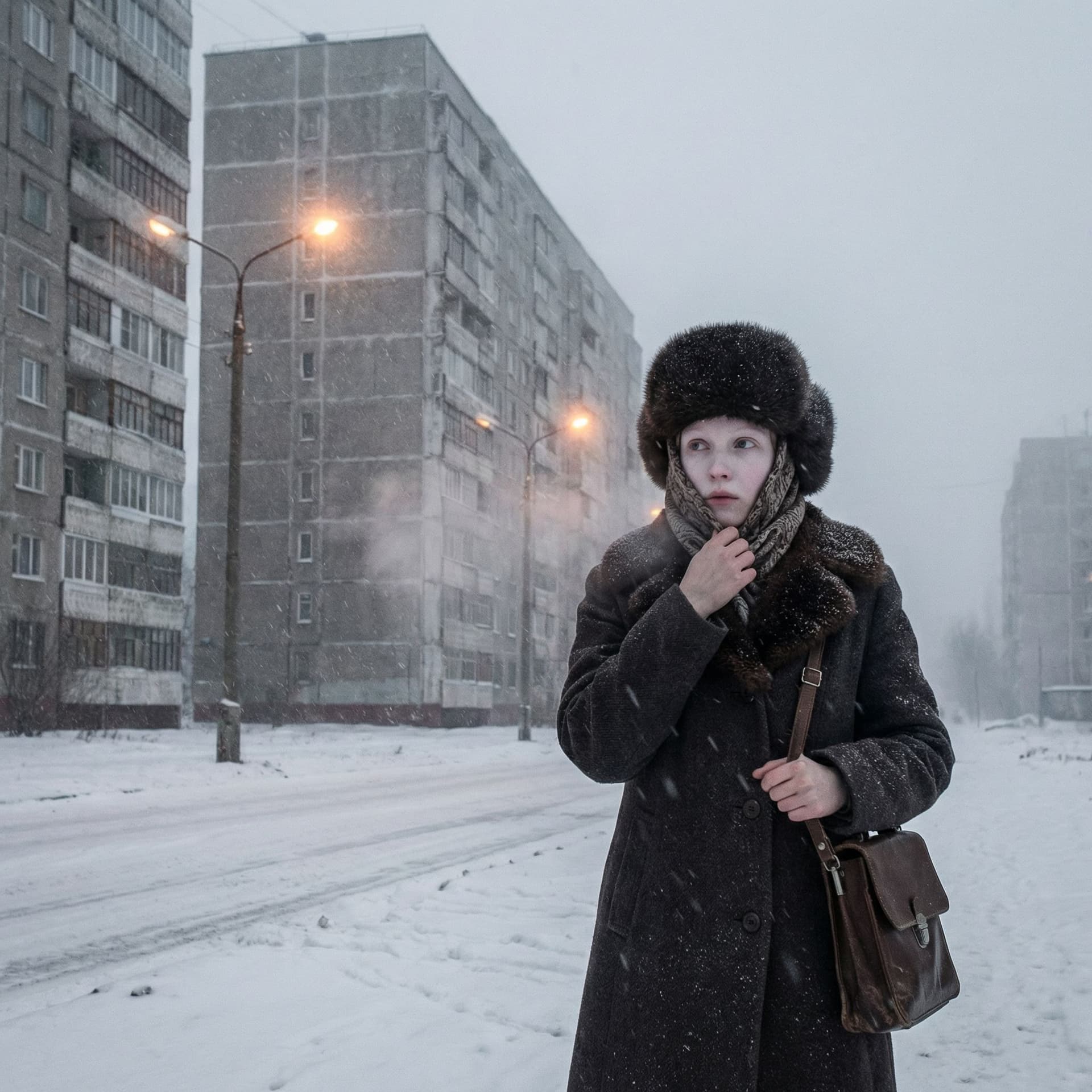 AI generated: Ultra realistic street photography, Soviet Union era architecture, massive brutalist concrete apartm...