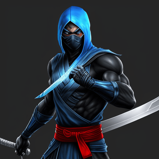 AI generated: a tall black and blue ninja that looks like sub-zero with a sword and red belt.