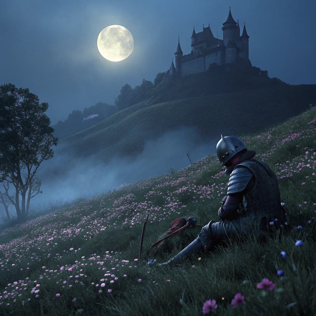 AI generated: DVD screengrab, 1980s cinema of a knight sleeping in a flowerfield and in the background theres an d...