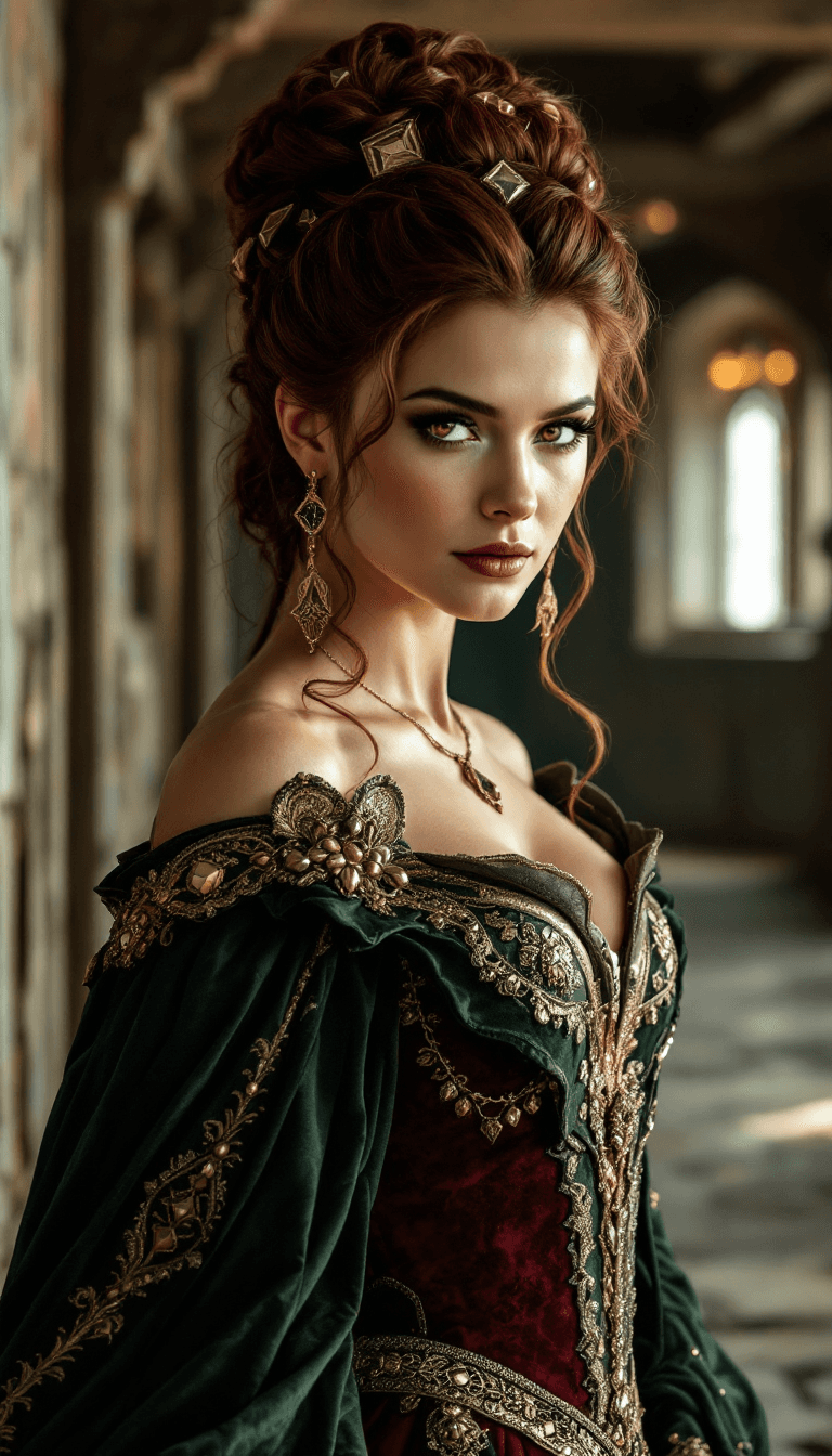 AI generated: A regal queen with dark auburn hair styled into a complex updo, adorned with geometric shapes in gol...