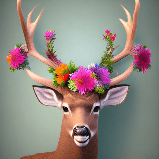 AI generated: High resolution, photo realistic deer head,
large antlers, small colorful flowers directly on antler...