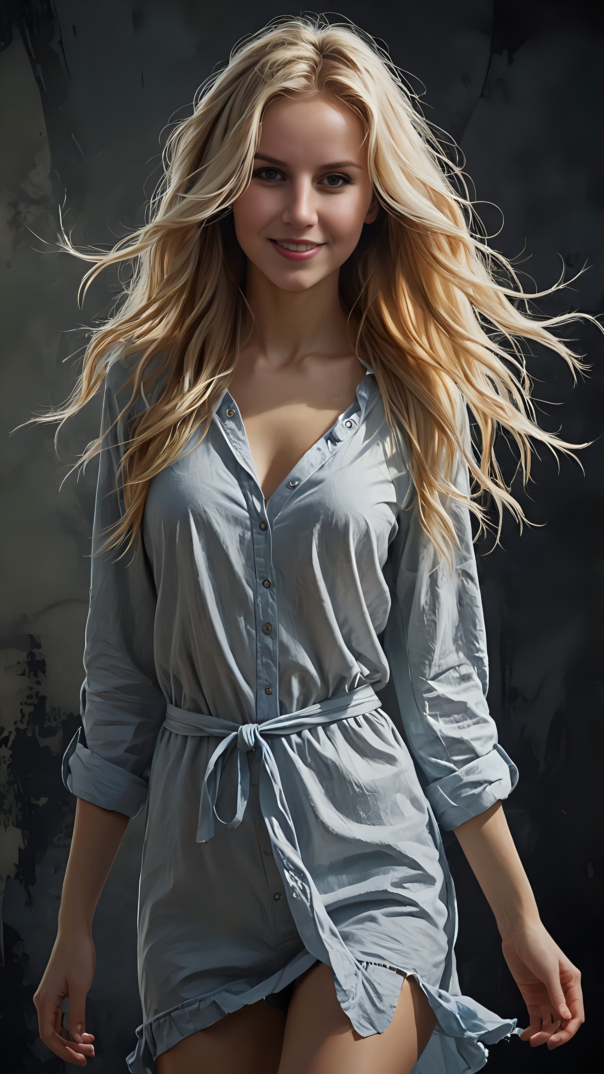 AI generated: body (turned:1.1) to the photograph of a young (shyly:0.8) (smiling:0.8)  russian woman with flowing...